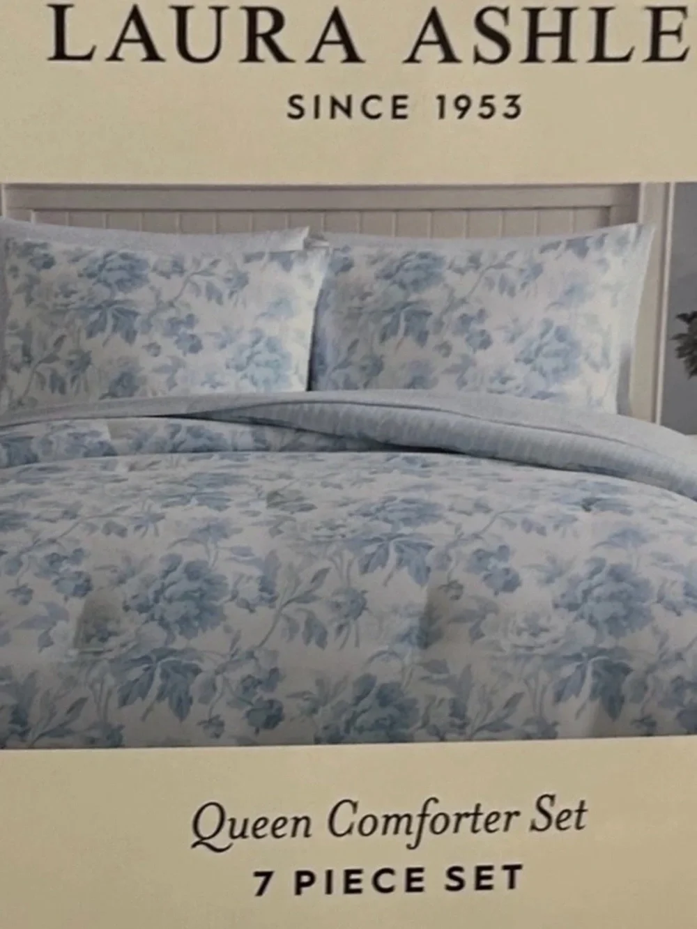 Laura Ashley Floral Blue and White 7 Piece Queen Comforter Set